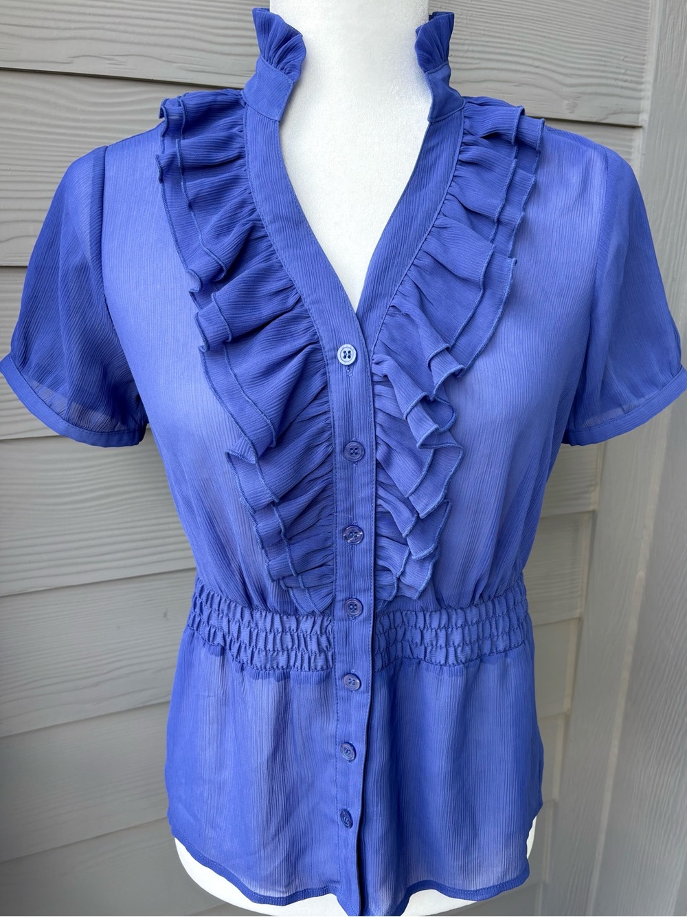 The Limited Dusty Blue Ruffle Blouse XS Sheer Romantic Feminine Top